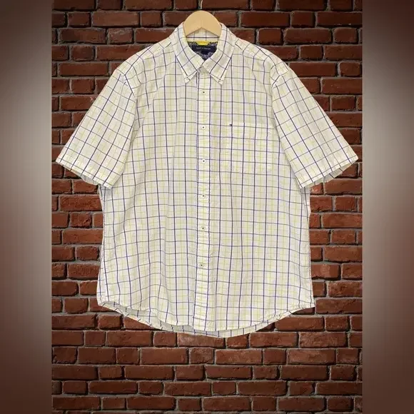 TOMMY HILFIGER 80’s Two Ply Cotton Yellow &‎ Blue Plaid Button Down Shirt Sz L