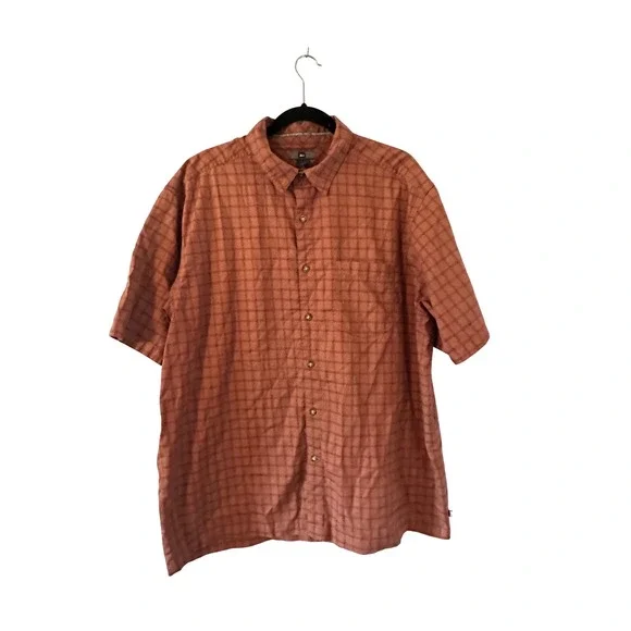 REI Mens Plaid Short Sleeve Button Up‎ Shirt Size XL Orange Cotton Casual Hiking