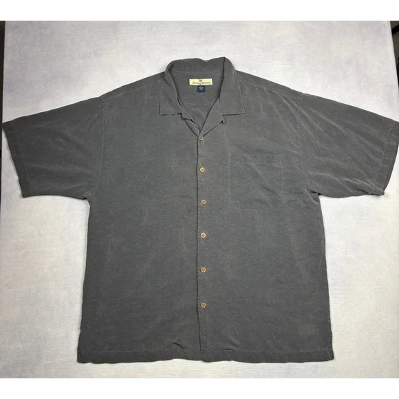 Tommy Bahama Mens XL Silk Camp Shirt Charcoal Grey Tropical‎ Palm Jacquard T3669