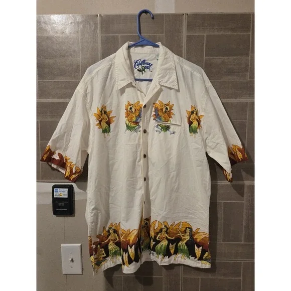 Caribbean Soul Jimmy Buffett Button Up Shirt Sz Medium White Parrots Hula Dancer