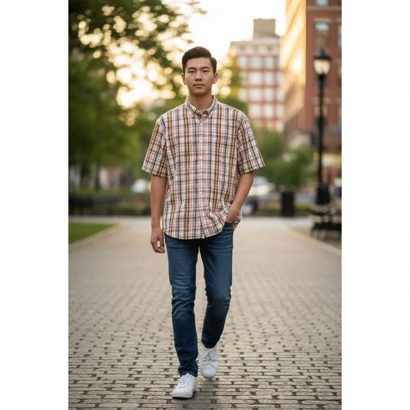 US Expedition Men's Plaid Short Sleeve‎ Shirt Size L Preppy vintage button up