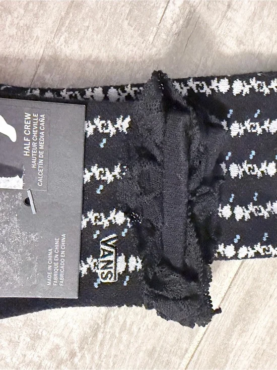 Vans woman's Half Crew Socks in Black and White with lace trim