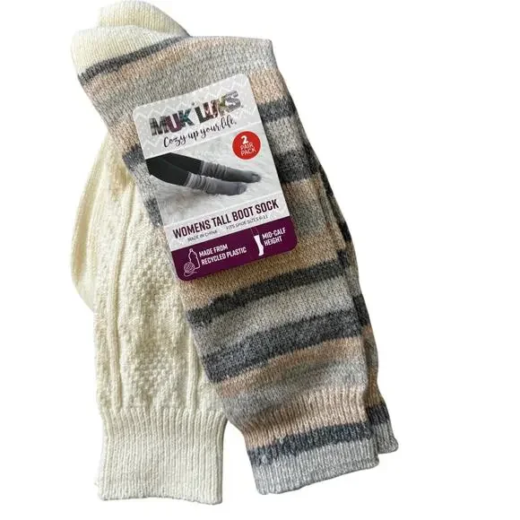 MUK LUK (2) pair WomanTall Boot Socks Shoe Sz 6-11 New Gift Cable Knit Stripes
