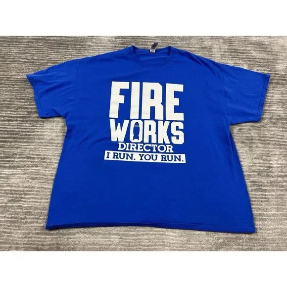 Fire Works Director I Run‎ You Run Shirt Mens 2XL Blue Short Sleeve Funny