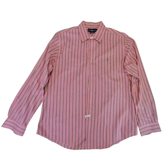 Ralph Lauren Custom Fit Pink Stripe Button‎ Down Shirt Men's XL Long Sleeve
