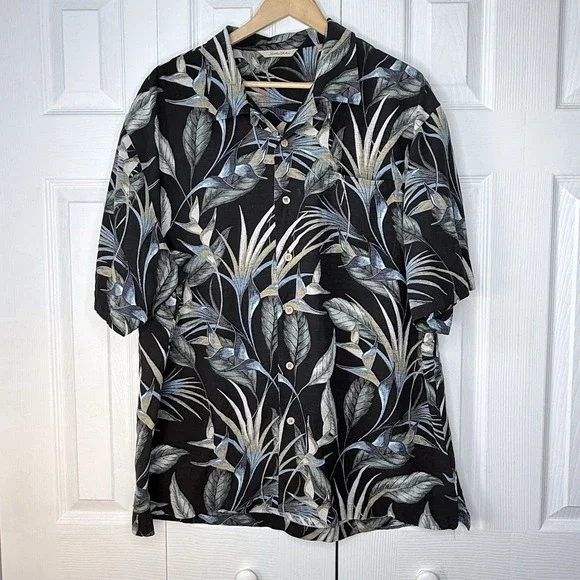 PARADISE COLLECTION 100% Silk Hawaiian Shirt‎ Mens XL Black Camp