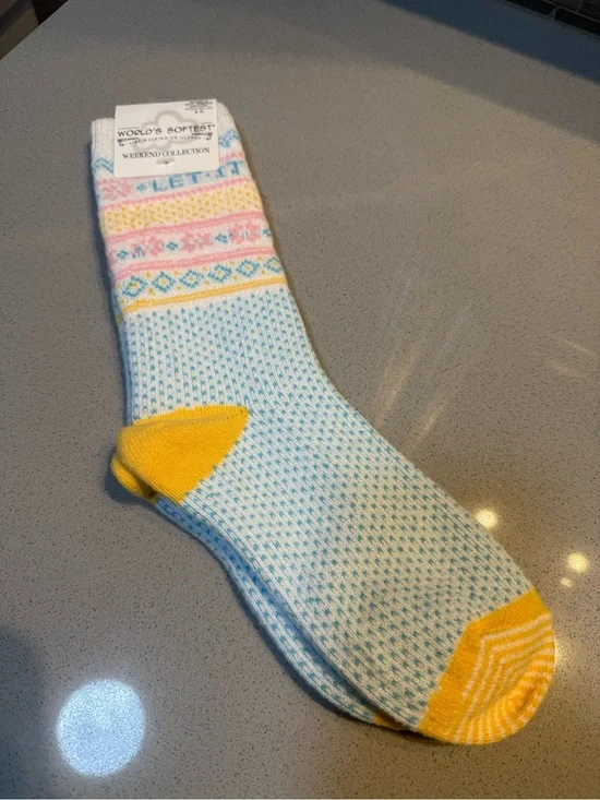 Weekend Collection Women’s Light Blue Fair Isle Crew Socks with Yellow Accents