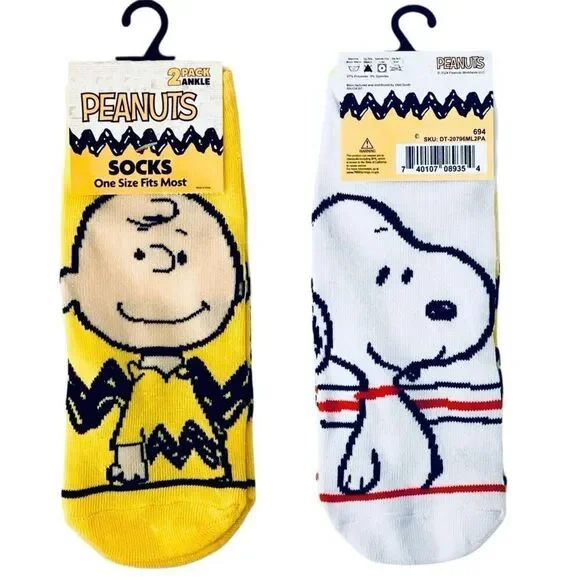 NWT Gorgeous 2 Pack Peanuts OSFM SNOOPY & Charlie Brown White Yellow Ankle Socks