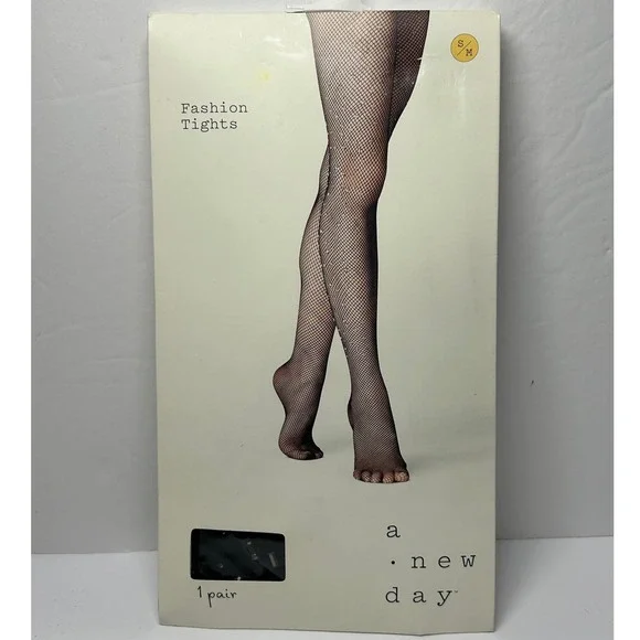 A‎ New Day Black Fishnet Fashion Tights Size S/M Rhinestone Embellished New