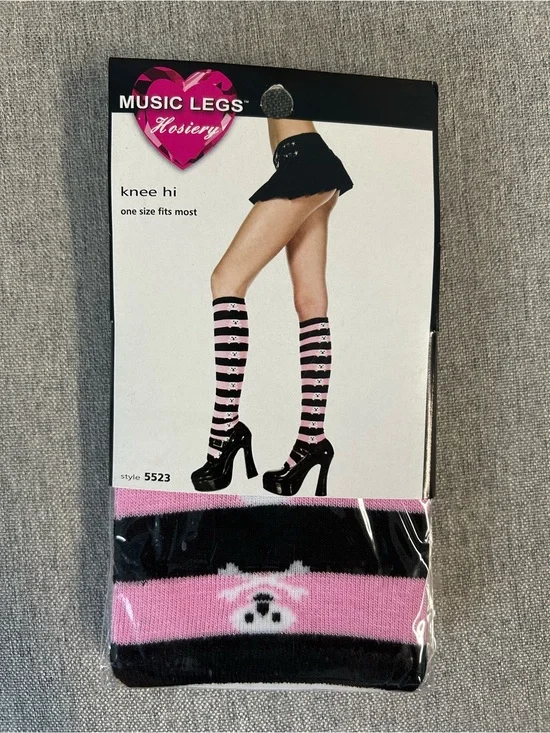 Music Legs Pink and Black Skull Stripe Knee-High Socks