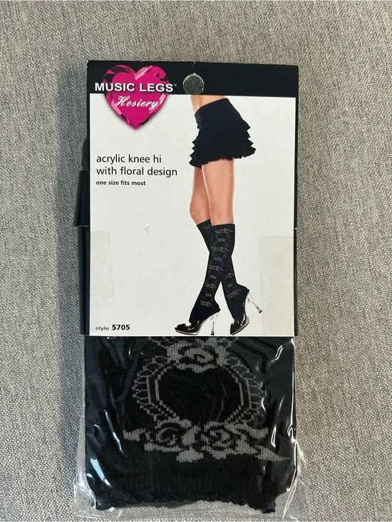 Music Legs Black Acrylic Knee Highs with Floral Design