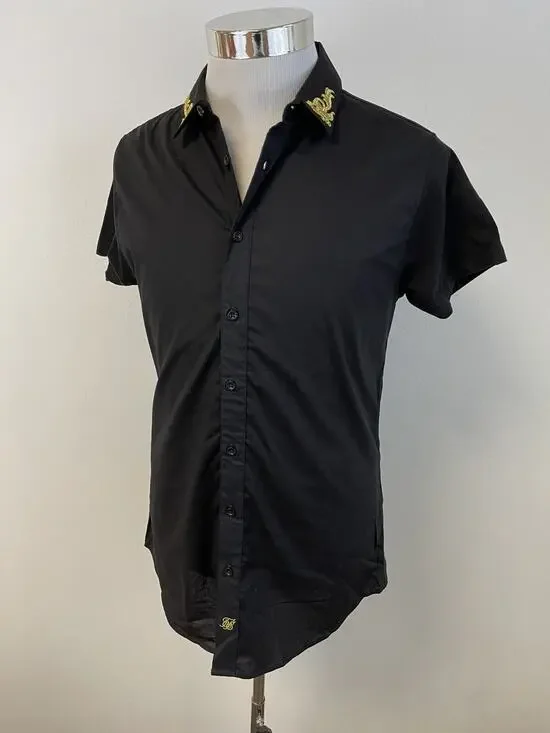 Sik Silk Mens Shirt Small Button Up Embroidered Black Short Sleeve Siksilk N18