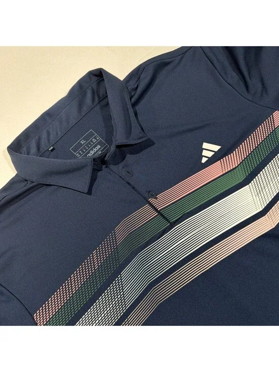Adidas Polo Shirt Mens XL Navy Striped Golf Performance Recycled Polyester *Flaw