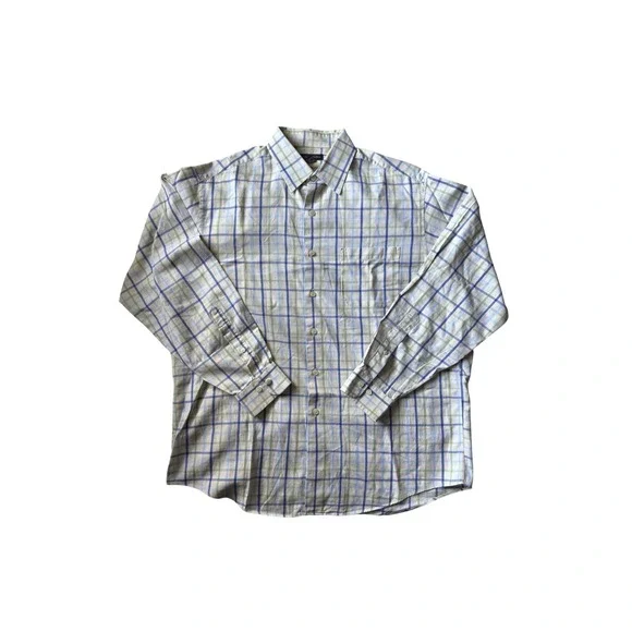 BROOKS BROTHERS Button Down Dress Shirt Mens‎ L White Plaid Cotton Made in USA