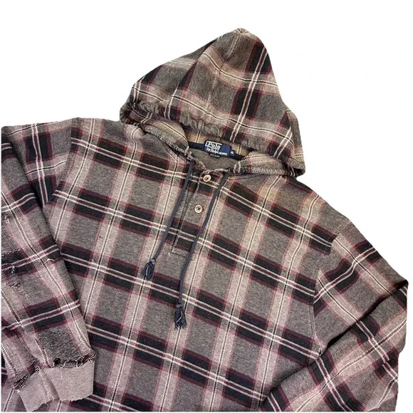 POLO by RALPH LAUREN VTG Check Plaid Gray Hoodie Sweatshirt Size XL‎ Thrashed