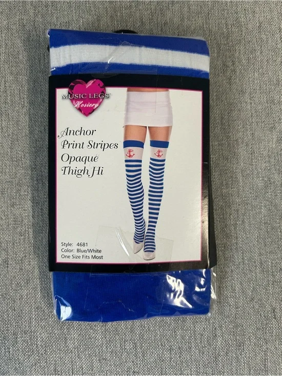 Music Legs Blue & White Nautical Anchor Thigh-High Socks