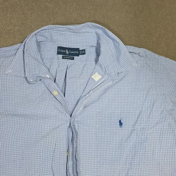 Ralph‎ Lauren Short Sleeve Blue Squares Cotton Men Button Down Shirt Size 2xL
