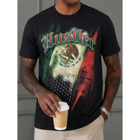 NEW Vintage Y2K Hustler Mens Mexican Flag Eagle‎ Snake Graphic T-Shirt Black 3XL