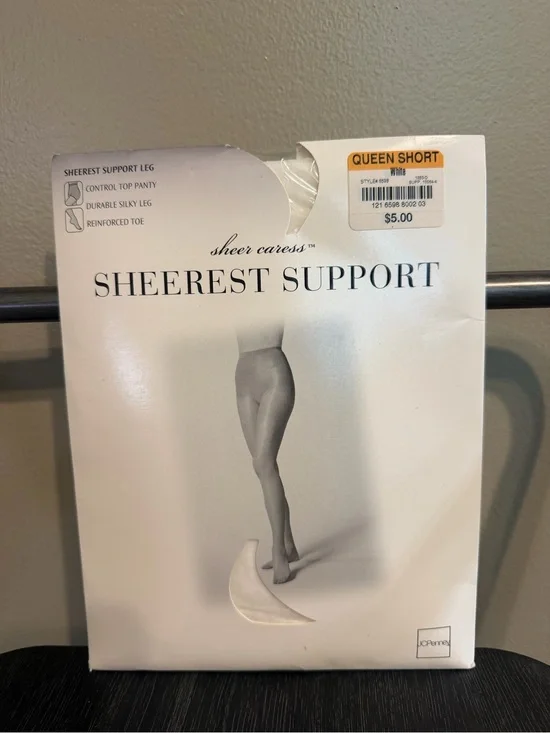 Vintage JCPenney Sheer Caress Sheerest Support Pantyhose Queen Short White NOS