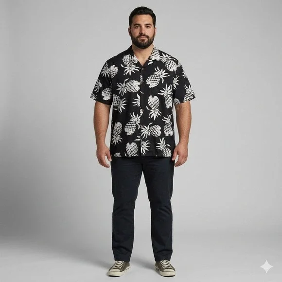 Vintage RJC Shirt Mens XL Black Pineapple Hawaiian Aloha Short‎ Sleeve Button