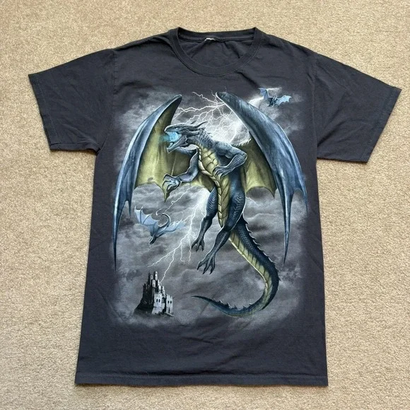 Dragon Fantasy Shirt Mens Small‎ Black Lightning Storm Castle Graphic Tee