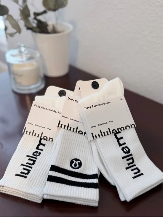 Lululemon Athletica White Crew Socks w/ Black Wordmark Logos and Stripes Medium