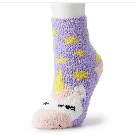 Unicorn Cozy Fluffy Crew Socks Yellow Stars Lavender