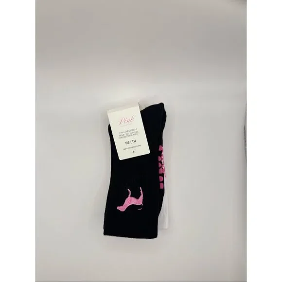 PINK Victoria’s Secret 2-Pack Crew Socks White Black One Size NWT