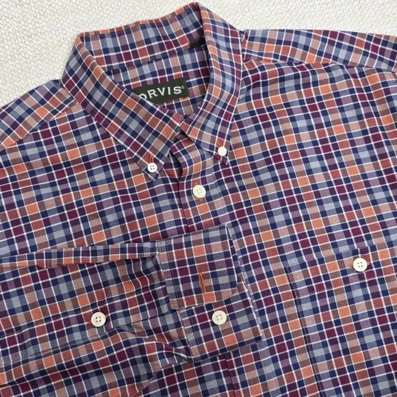 Orvis Shirt Men's L Red Orange Plaid Button Up‎ Long Sleeve Wrinkle Free NWOT