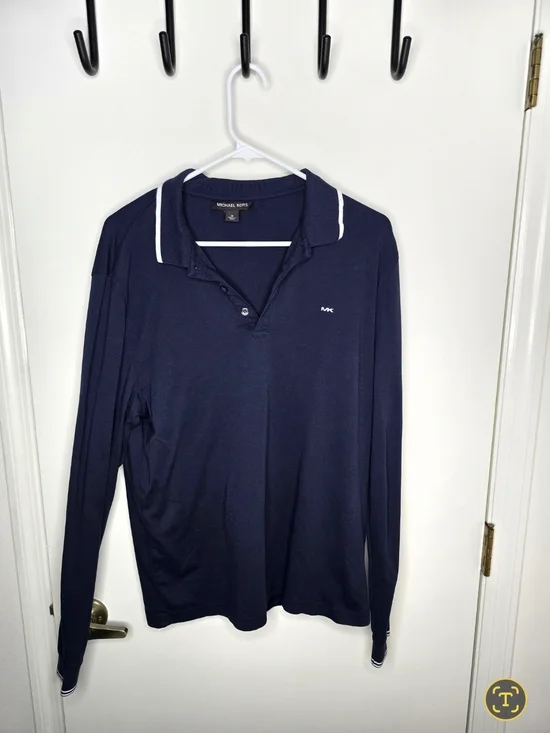 Michael Kors Navy Long Sleeve Polo with White Trim Medium