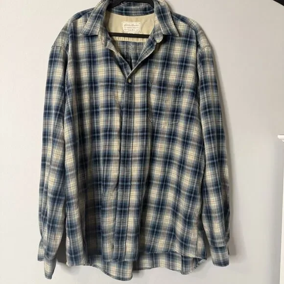 Eddie Bauer Vintage Twill Men Blue Windowpane Cotton Long Sleeve Flannel XL Tall