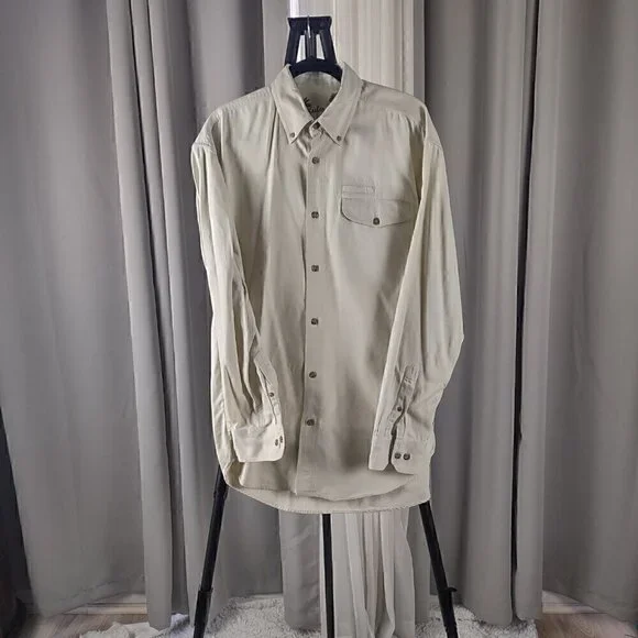 Keeler Bay Mens 100% Cotton Long Sleeve Button Down Beige Shirt Size Medium