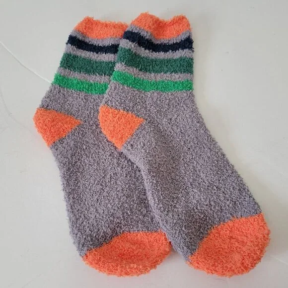 Fuzzy Socks Women's Gray Orange Stripes Soft