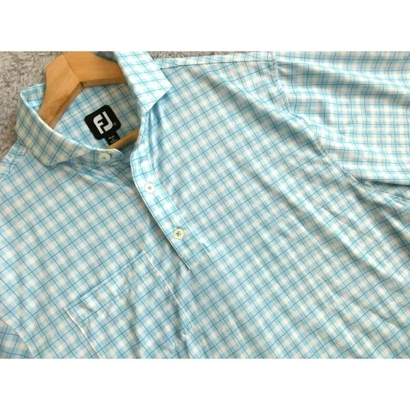 FootJoy FJ‎ Lightweight Golf Polo Shirt Mens M Blue White Plaid No Course Logo