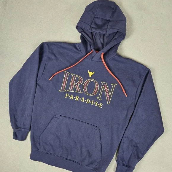 Under Armour Project Rock Hoodie Mens Small Blue Iron Paradise Bull Logo 1380115