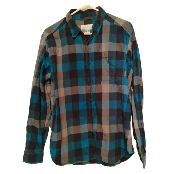 Columbia‎ Mens Medium M Black Blue Checkered Button Down Dress Shirt
