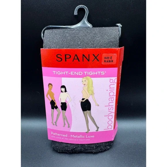 Spanx Tight-End Tights Metallic Luxe Black Silver Shaper Size E 398 mtlc luxe