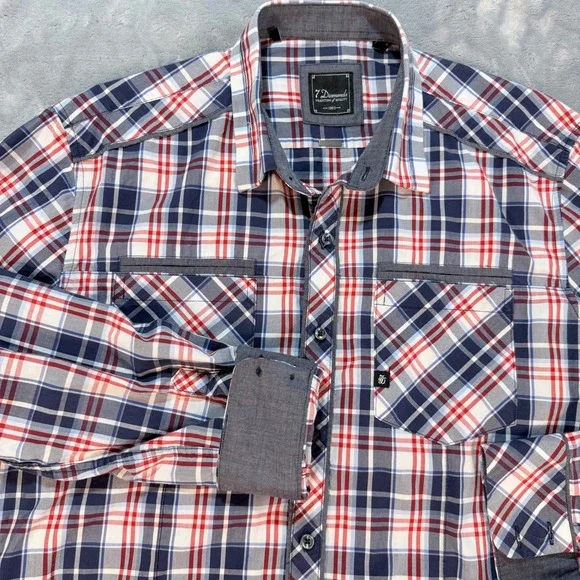 7 Diamonds Plaid Button Down Shirt Men's Large Red Blue White Long Sleeve Casual