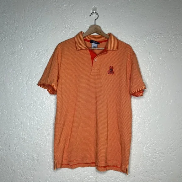 Psycho Bunny Mens Orange Striped Pima Cotton Polo Shirt Size 7/XL