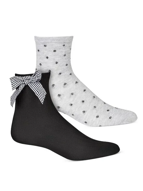 INC Women's 2-Pair Plaid Bow and Dot-Print Anklet Socks, Black Gray, One Size