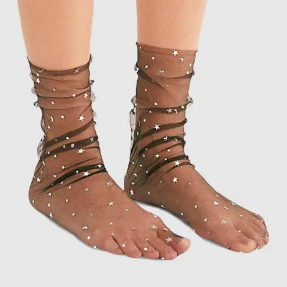 HIGH HEEL JUNGLE STARRY SKY TULLE ANKLE SOCKS BLACK OS NWT