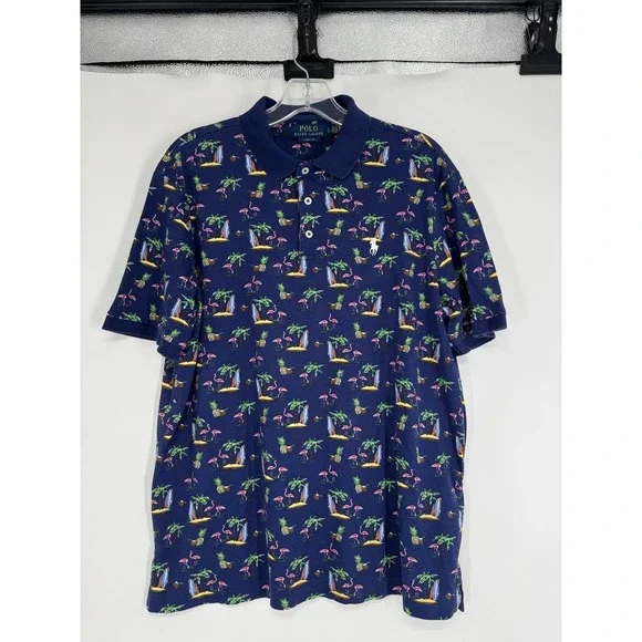 Polo Ralph Lauren Polo Shirt Navy Large Beach Tropical All Over Print Graphic