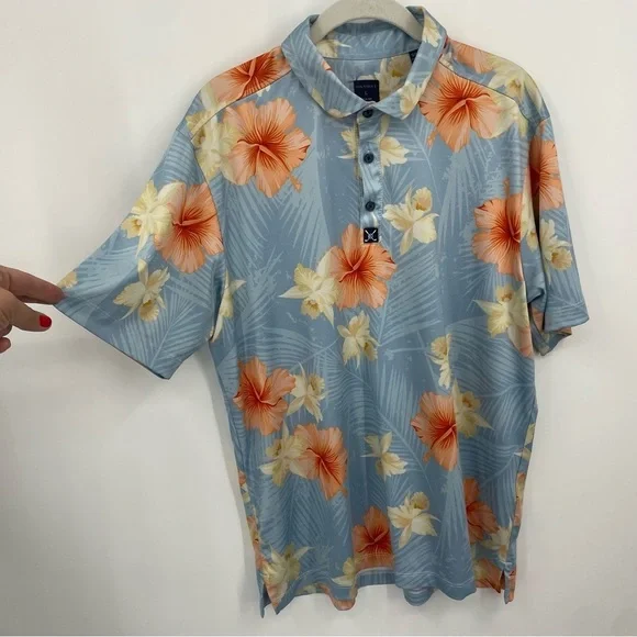 Con.struct Men’s Hawaiian Hibiscus Floral Print Performance Polo Sz L‎ Quick Dry