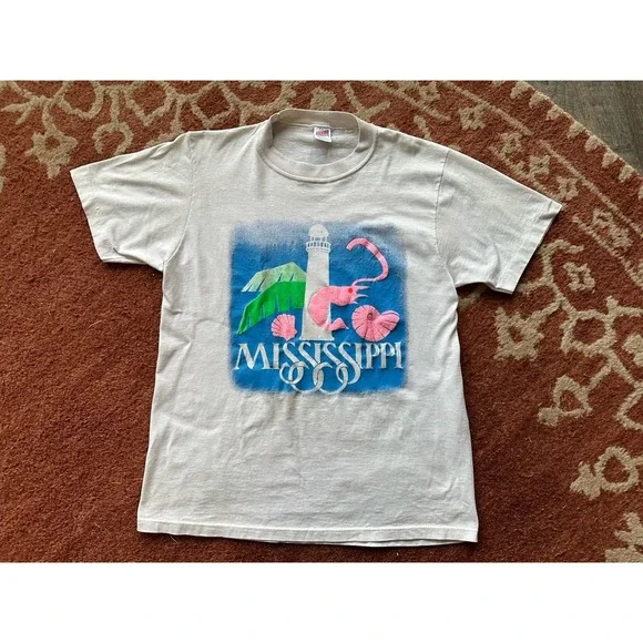 Soffe Shirts Mississippi Vintage Printed T Shirt Adult L Large White Pink Blue G