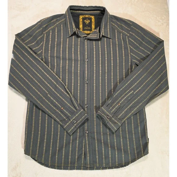 prAna Button Up‎ Shirt Men's Large Gray Gold Striped Organic Cotton Long Sleeve