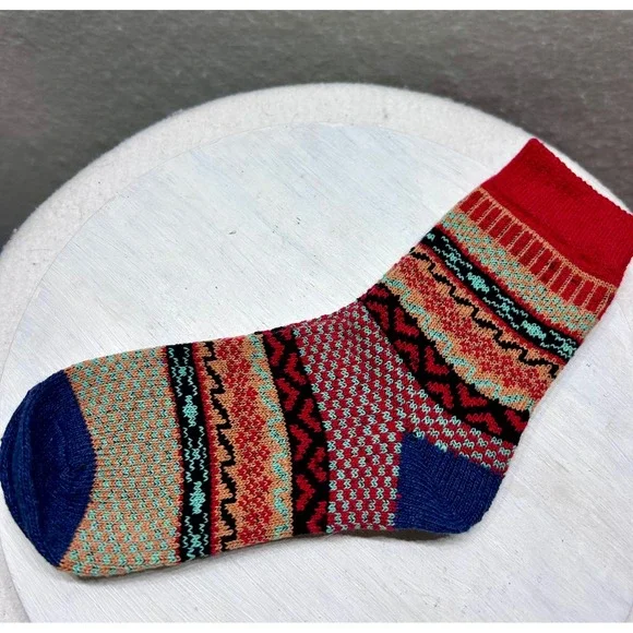 Fashion Boutique Womens Wool Blend Crew Socks Boho Fair Isle Geometric Red Blue