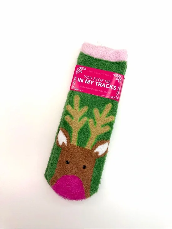 Bath & Body Works Pink Green Shea Infused Lounge Reindeer Socks