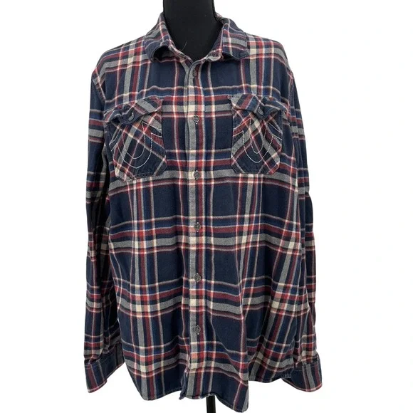 True Religion Mens Plaid‎ Flannel LS Utility Shirt Navy Red XL SVY974ZL01815