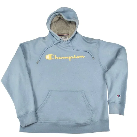 Champion Mens Hoodie Light Blue Large Pullover Graphic‎ Logo Sweatshirt L