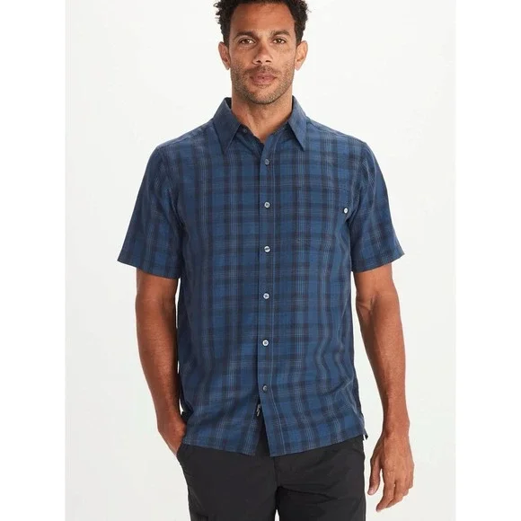 Marmot Eldridge Men's Shirt Blue Plaid Quick Dry Button Front Outdoor Size Small